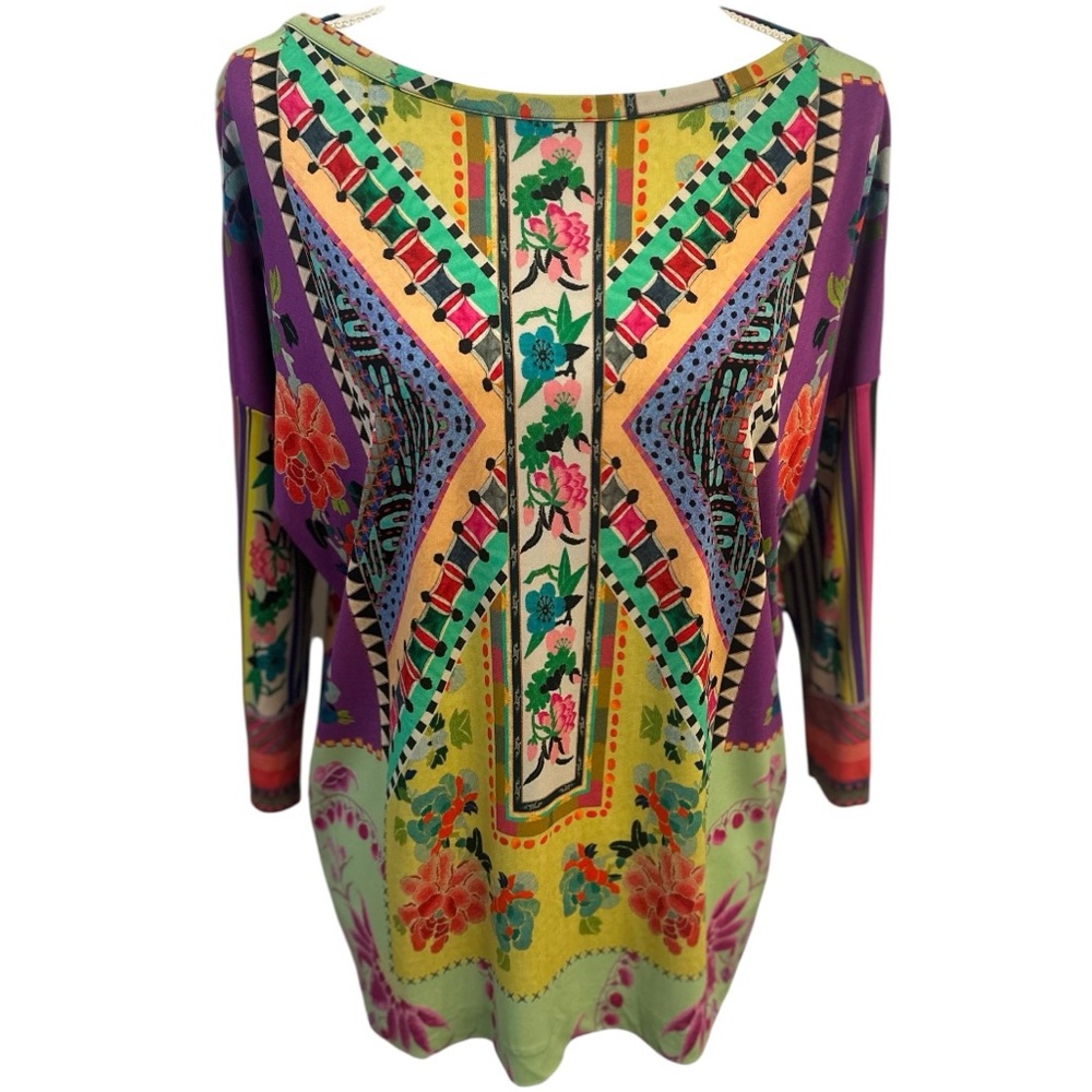 ETRO Italy Multicolor Floral Boat Neck 3/4 Sleeve Blouse Sz 8 Artsy Modern